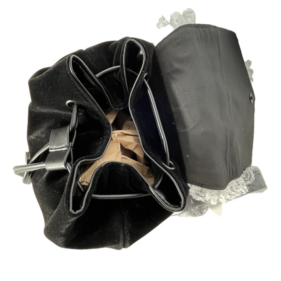 Dolls Kill Black Velvet Backpack White Embroidered Cross Drawstring Flap Bag - Picture 13 of 16